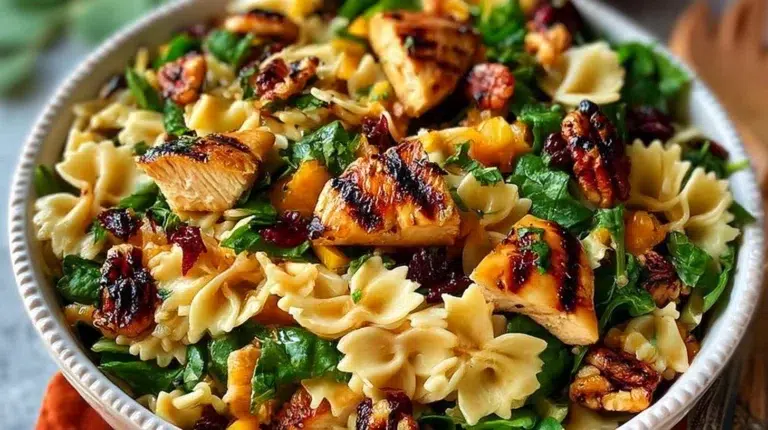 Bowl of Simple Teriyaki Chicken Pasta Salad with colorful vegetables and dressing