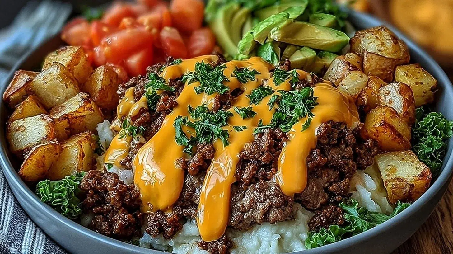 Delicious Smash Burger Bowl topped with fresh ingredients and savory flavors