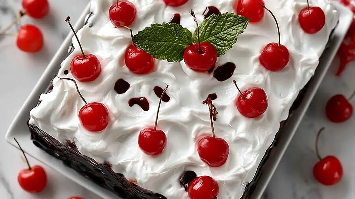 Black Forest Jello Poke Cake topped with cherries and whipped cream