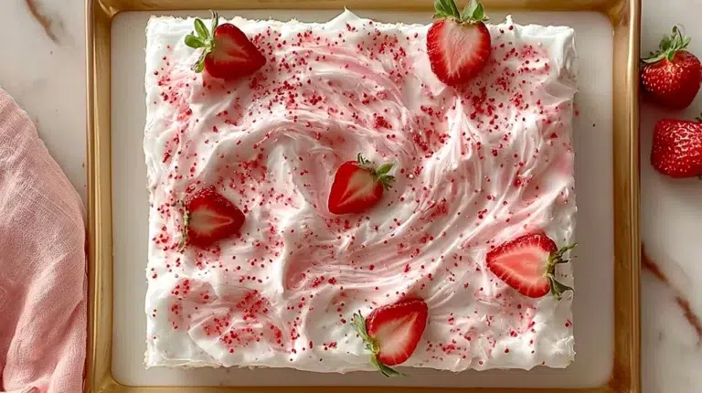 Deliciously moist Strawberry Jello Poke Cake ready to serve.