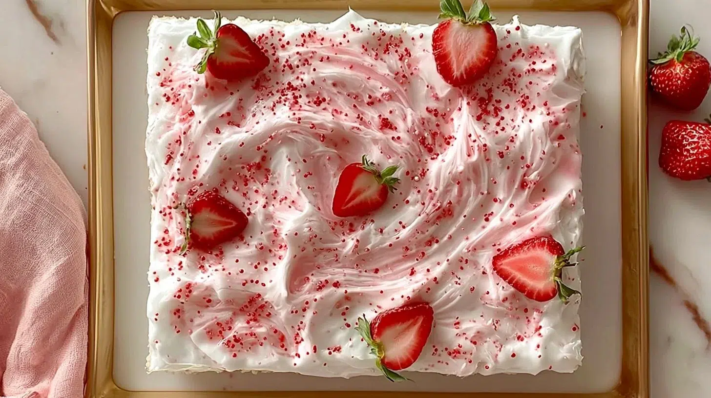 Deliciously moist Strawberry Jello Poke Cake ready to serve.
