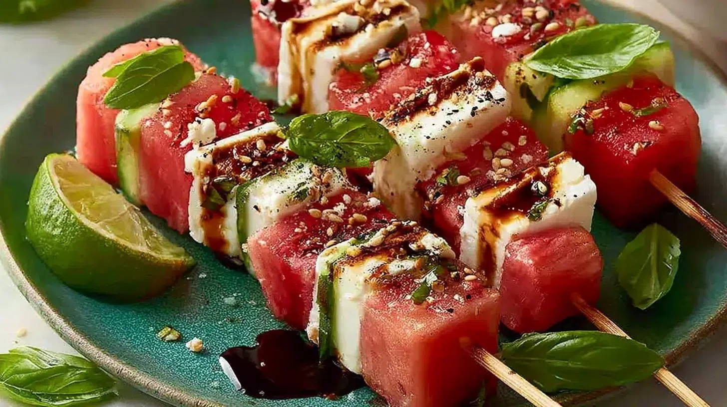Delicious summer watermelon feta skewers with fresh mint and balsamic glaze.