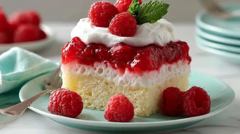 Delicious Sweet Raspberry Jello Poke Cake with vibrant raspberry topping