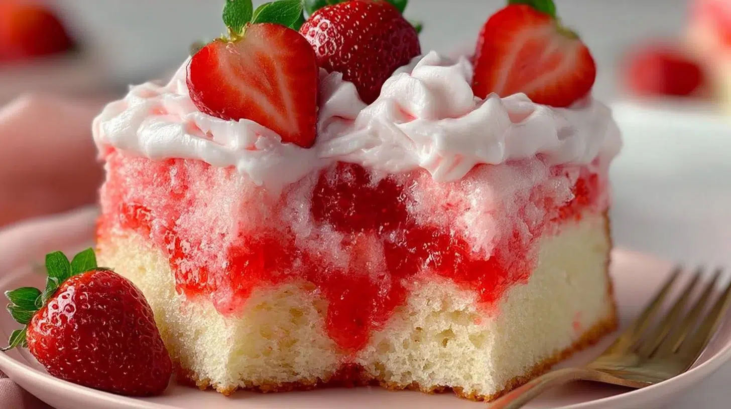 Delicious homemade strawberry jello poke cake with whipped cream topping