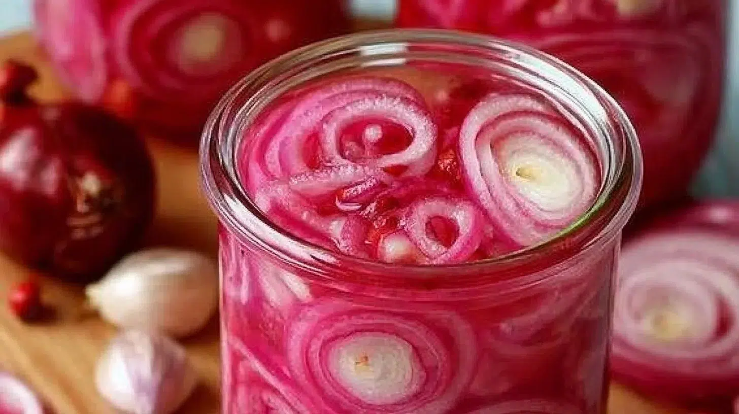 A jar of tangy pickled red onions, a delicious condiment for various dishes.