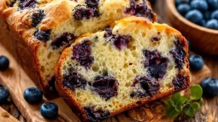 A slice of moist blueberry bread on a wooden cutting board with fresh blueberries.