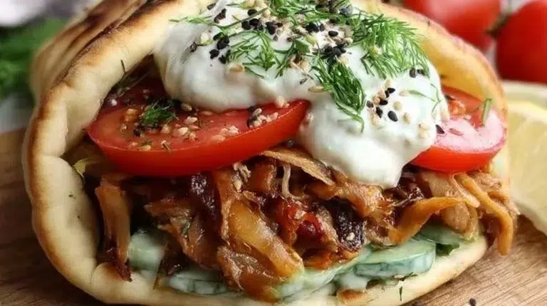 Delicious vegan gyros served with fresh vegetables and vegan sauce.