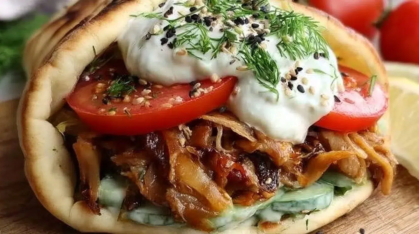Delicious vegan gyros served with fresh vegetables and vegan sauce.