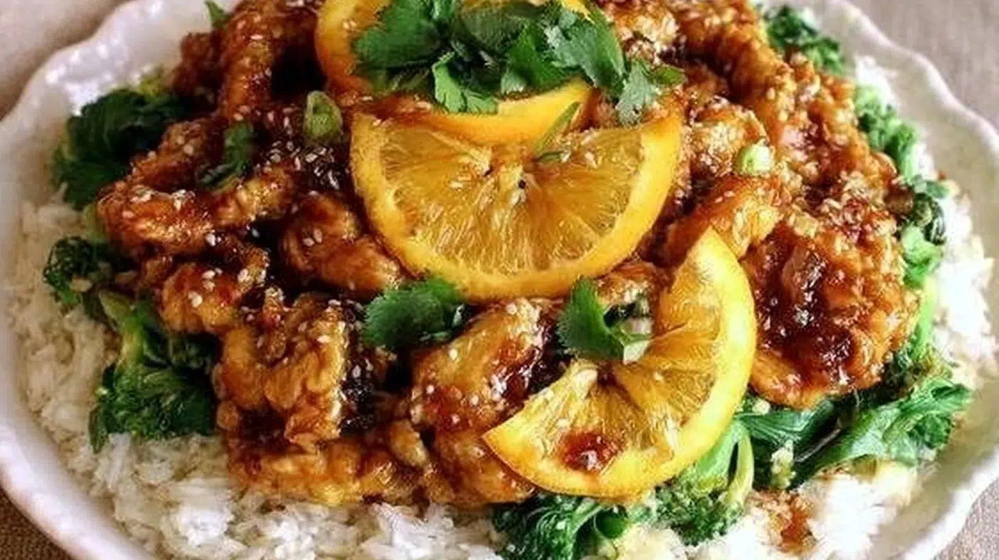Vegan Orange Chicken served with rice for a tasty plant-based dinner