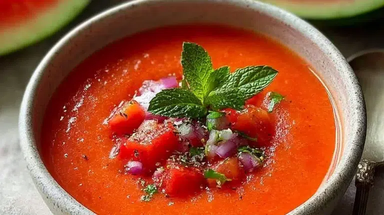 Bowl of vibrant watermelon gazpacho garnished with fresh herbs