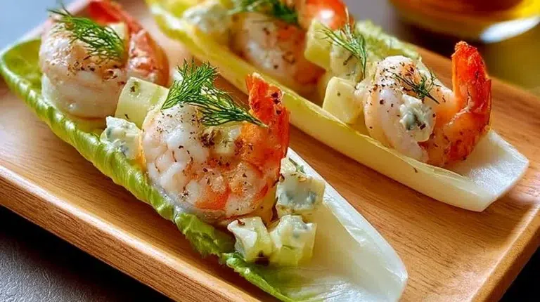 Zesty shrimp salad served on crisp endive spears garnished with fresh herbs