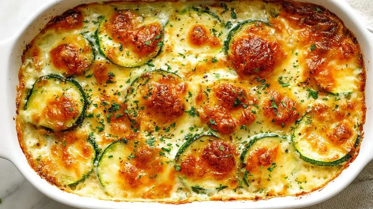Baked cheesy zucchini casserole topped with melted cheese and herbs