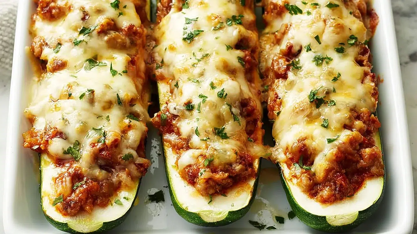 Cheesy zucchini boats stuffed with vegetables ready for a healthy dinner