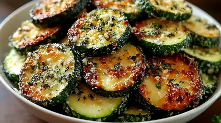Crispy garlic parmesan roasted zucchini served as a delicious side dish
