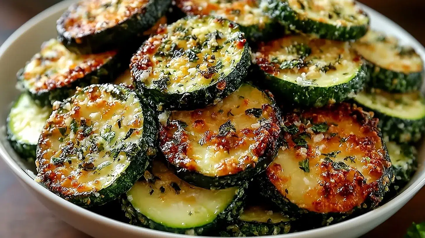 Crispy garlic parmesan roasted zucchini served as a delicious side dish