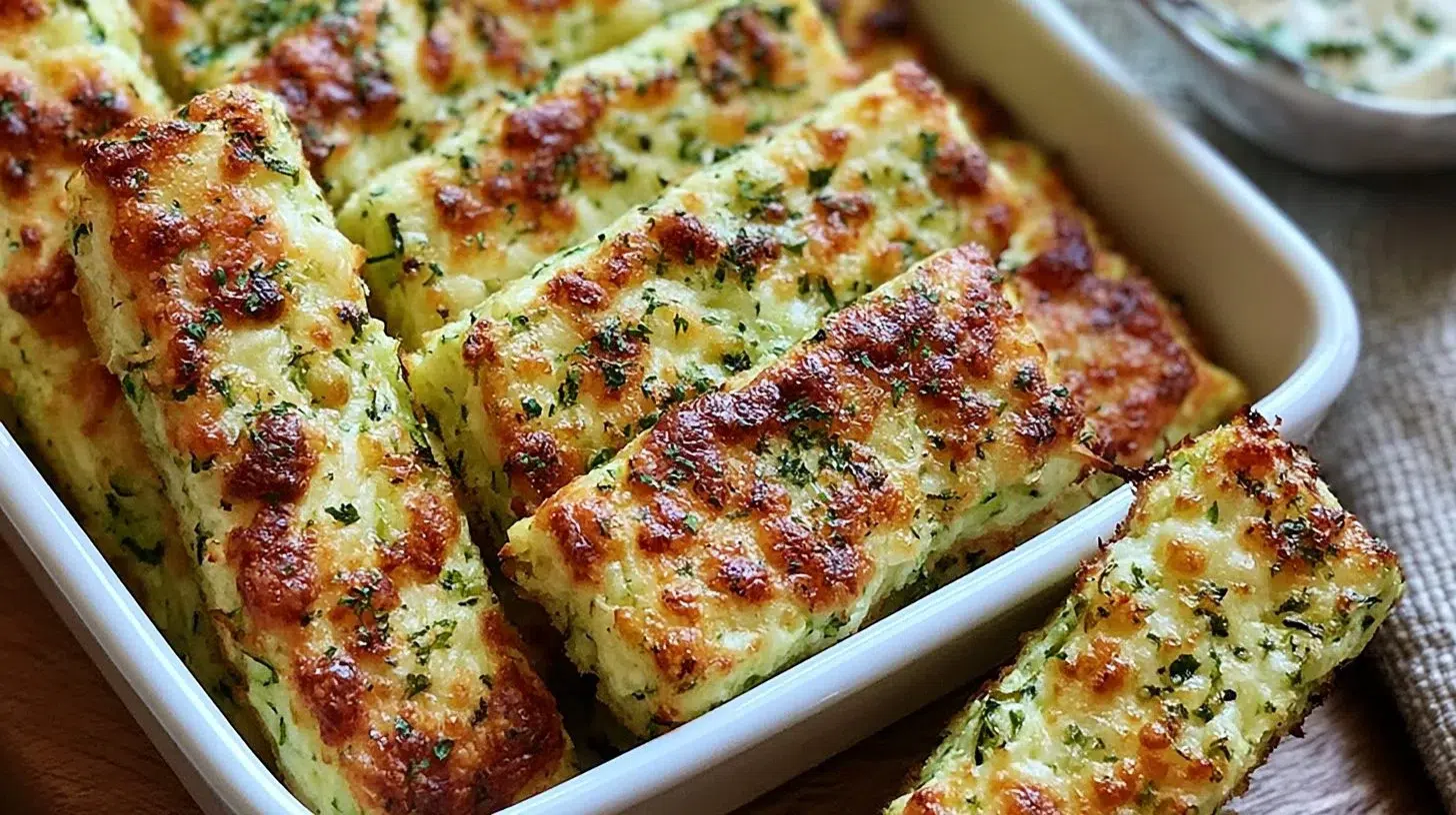 Plate of crispy zucchini breadsticks served with dipping sauce