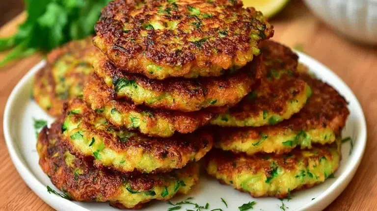 Crispy zucchini fritters with lemon, garlic, and parmesan on a plate