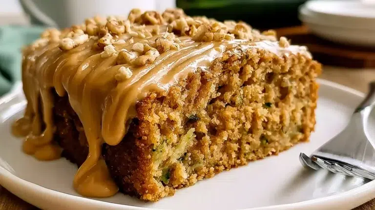 Healthy and moist peanut butter zucchini cake, topped with chocolate drizzle.