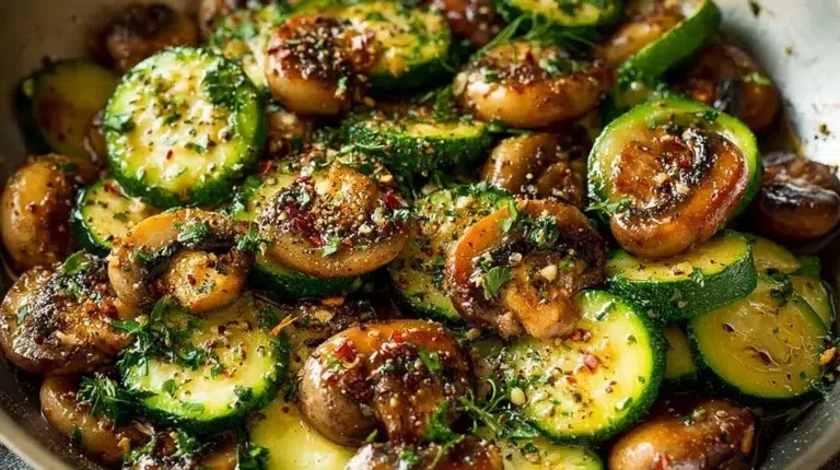 Garlic sautéed zucchini and mushrooms sizzling in a skillet