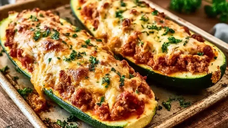 Healthy ground beef zucchini boats served on a plate for dinner