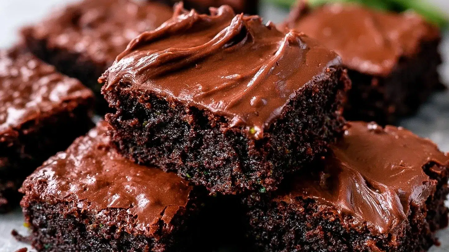 Delicious healthy zucchini brownies on a plate with chocolate drizzle.