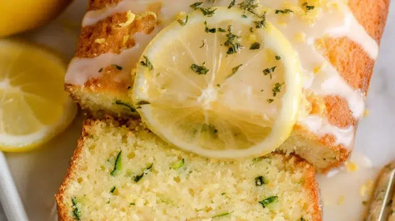 Loaf of freshly baked lemon zucchini bread topped with zest and herbs.