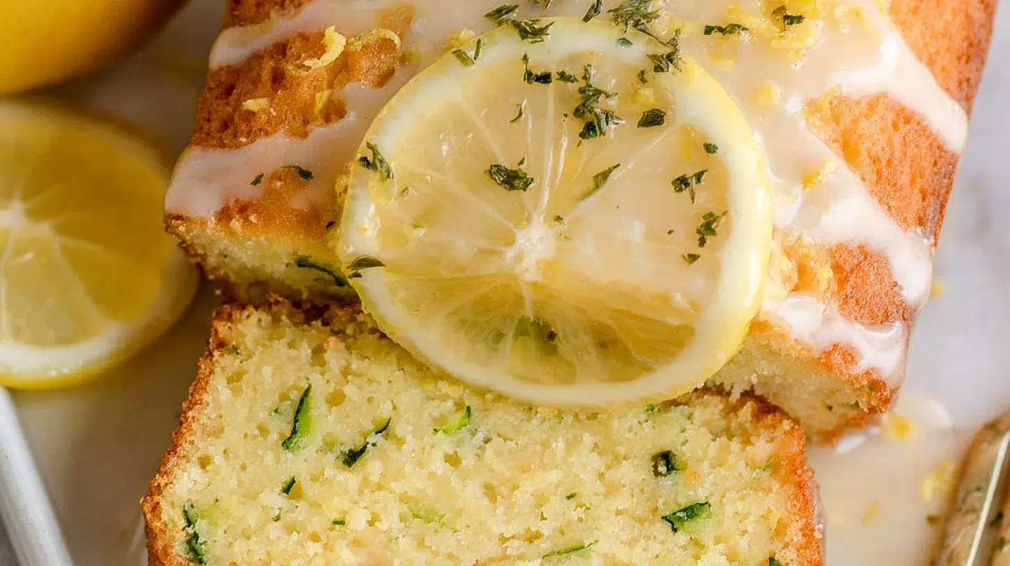 Loaf of freshly baked lemon zucchini bread topped with zest and herbs.