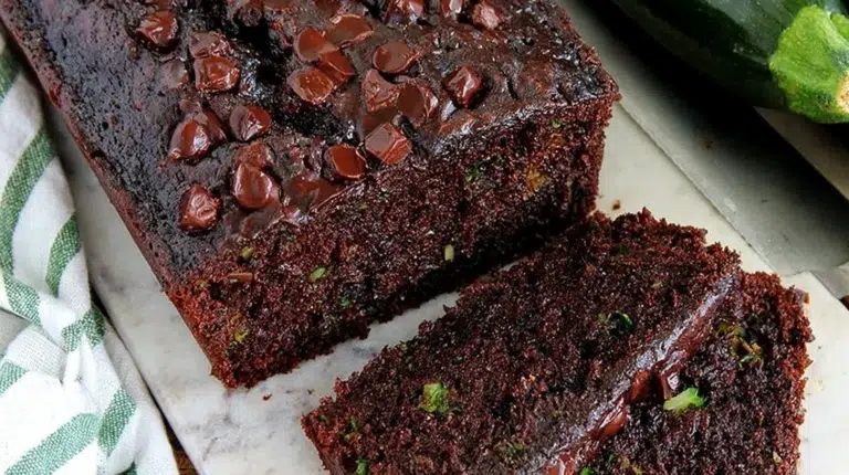 Moist chocolate zucchini bread slice on a plate with chocolate drizzle