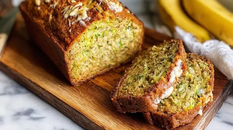 Deliciously moist zucchini banana bread loaf on a wooden table