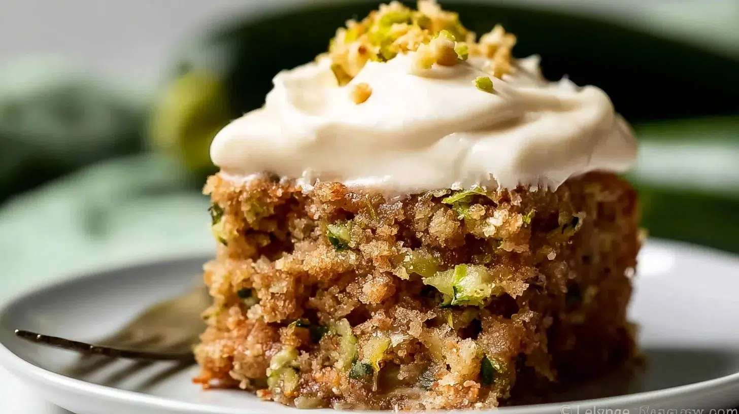Deliciously moist zucchini cake topped with cream cheese frosting.