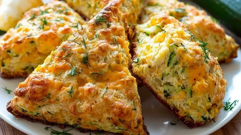 Freshly baked savory zucchini cheddar scones on a plate