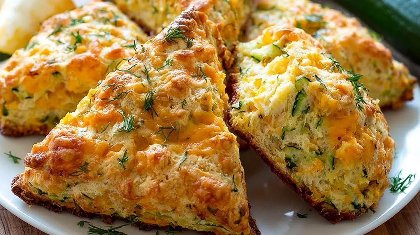 Freshly baked savory zucchini cheddar scones on a plate