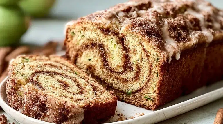 Moist and flavorful zucchini bread with a cinnamon swirl slice on a wooden table.